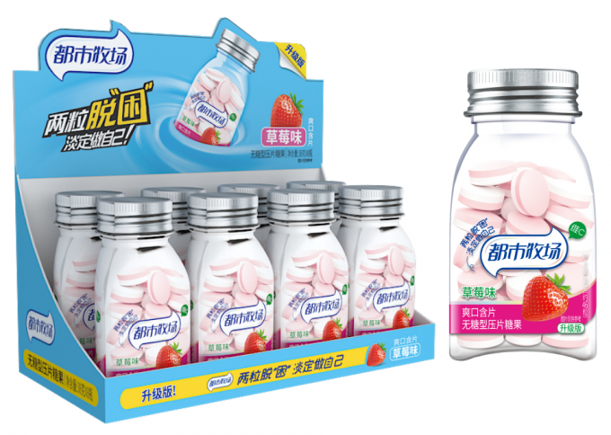 A garrafa plástica refrigerando da morango 38g embala a hortelã livre Candy/HACCP do açúcar C da vitamina, ISO